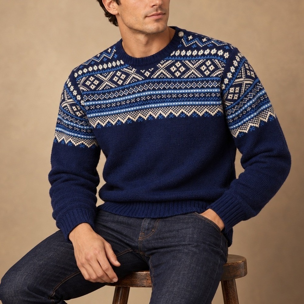 Polo Ralph Lauren Sweater Mens XXL Blue Wool Fair Isle Vintage Button Shoulder